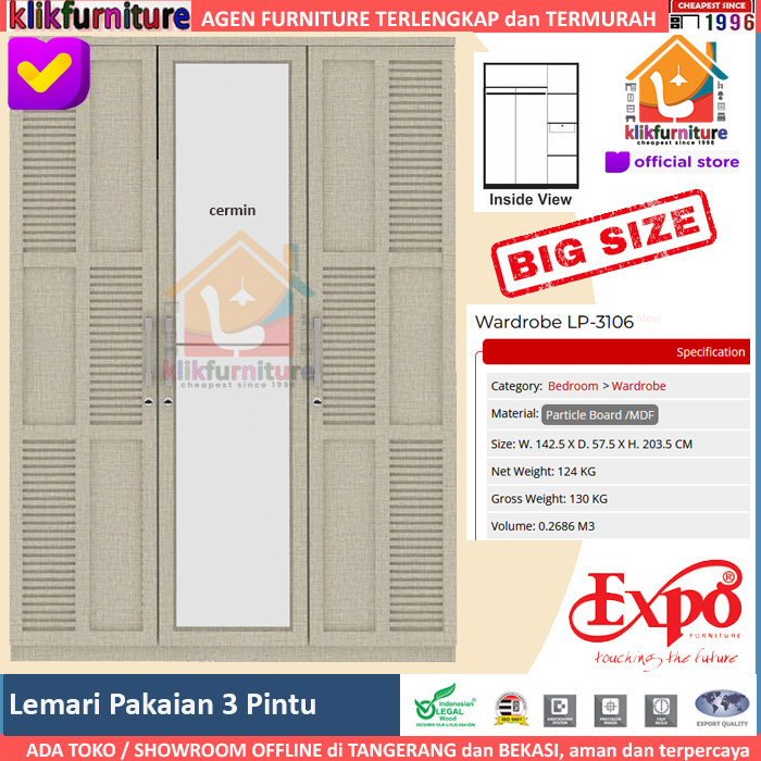 LP 3106 EXPO Lemari 3 Pintu Minimalis Cermin Size Jumbo