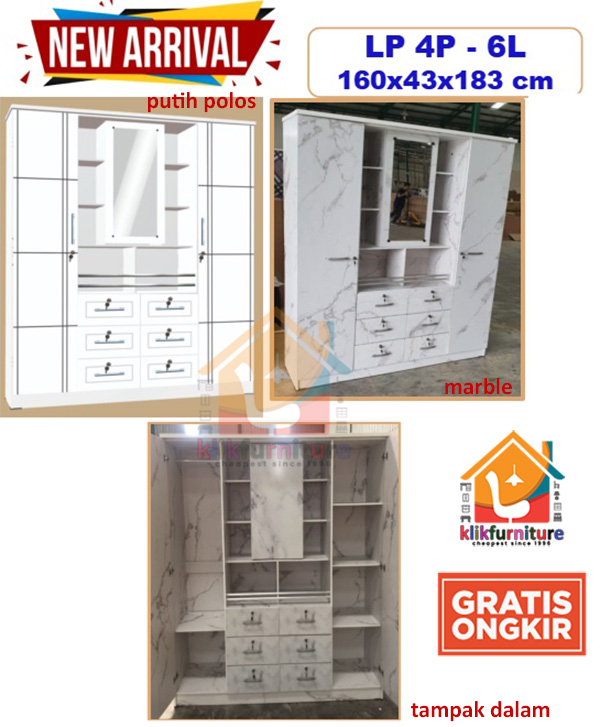 Lemari Pakaian Baju 4 Pintu + Cermin Full Putih LP4P Klikfurniture