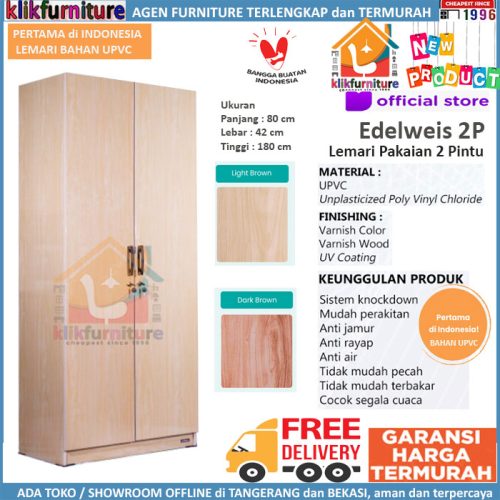 BARU Lemari Pakaian UPVC Pintu 2 Anti Rayap Jamur Air Karat Edelweis