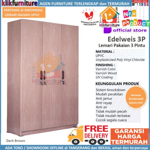 BARU Lemari Pakaian UPVC Pintu 3 Anti Rayap Jamur Air Karat Edelweis