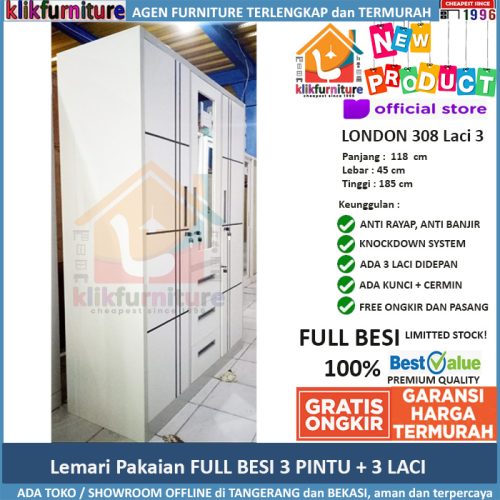 Lemari Pakaian 3 Pintu FULL BESI Anti Rayap Banjir LONDON 308 Laci 3