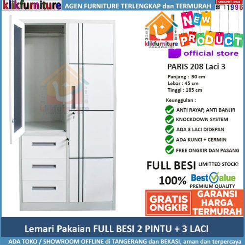 Lemari Pakaian Full Besi 2 Pintu + 3 Laci PARIS 208