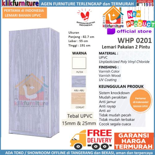 BARU Lemari Pakaian UPVC Pintu 2 Anti Rayap Jamur Air Karat WHP 0201