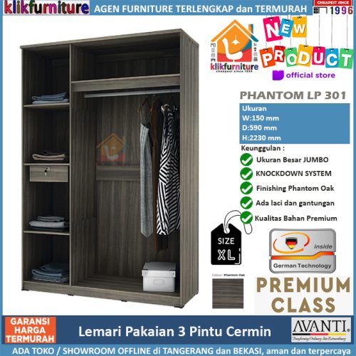 Lemari Pakaian 3 Pintu Jumbo + Cermin PHANTOM LP 301