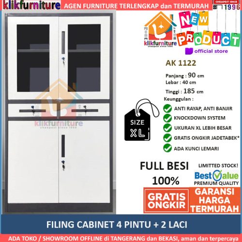 Size XL Lemari Arsip Filing Cabinet Besi 4 Pintu 2 Laci AK 1122 Jumbo