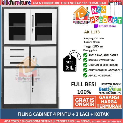 size XL Lemari Arsip Filing Cabinet Besi 3 Laci + Brankas AK 1133