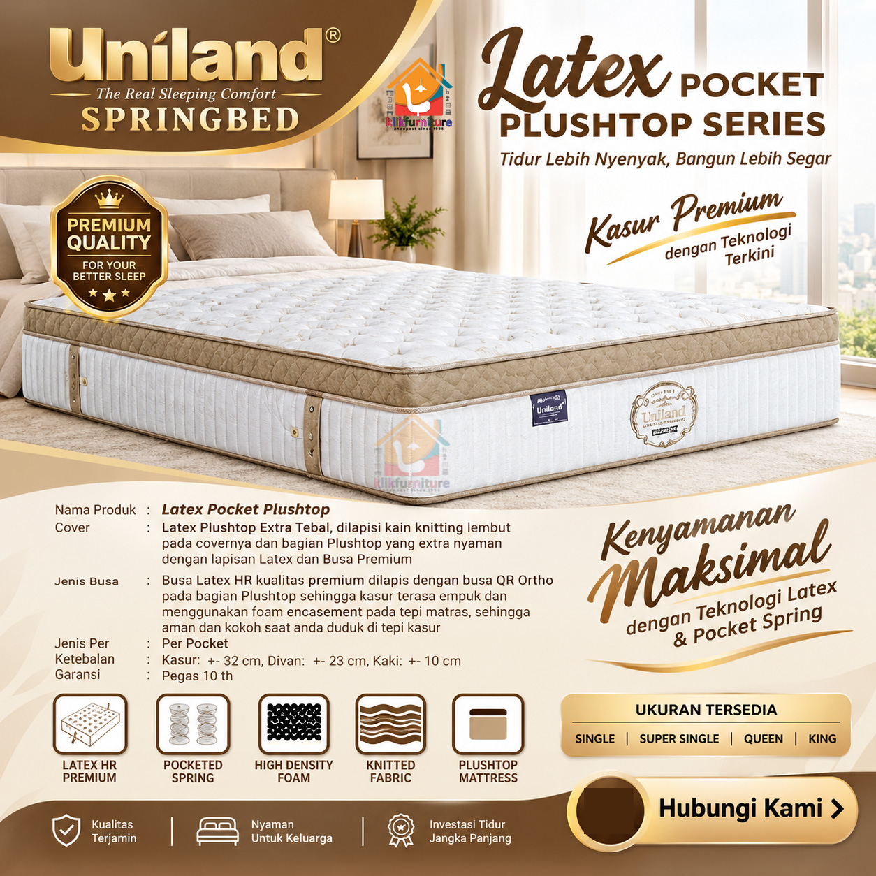 KLIKFURNITURE Kasur / Matras Latex Pocket Plushtop Beige Uniland Springbed