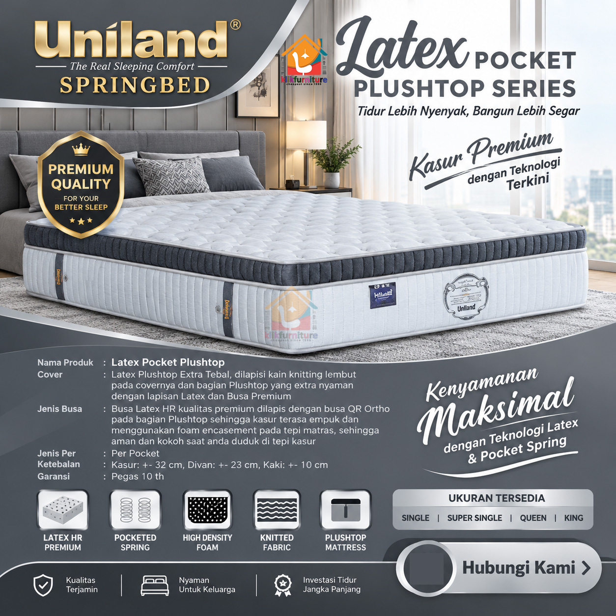 KLIKFURNITURE Kasur / Matras Latex Pocket Plushtop Grey Uniland Springbed