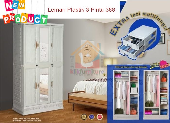 Lemari Pakaian Plastik 3 Pintu Putih + Cermin CA388