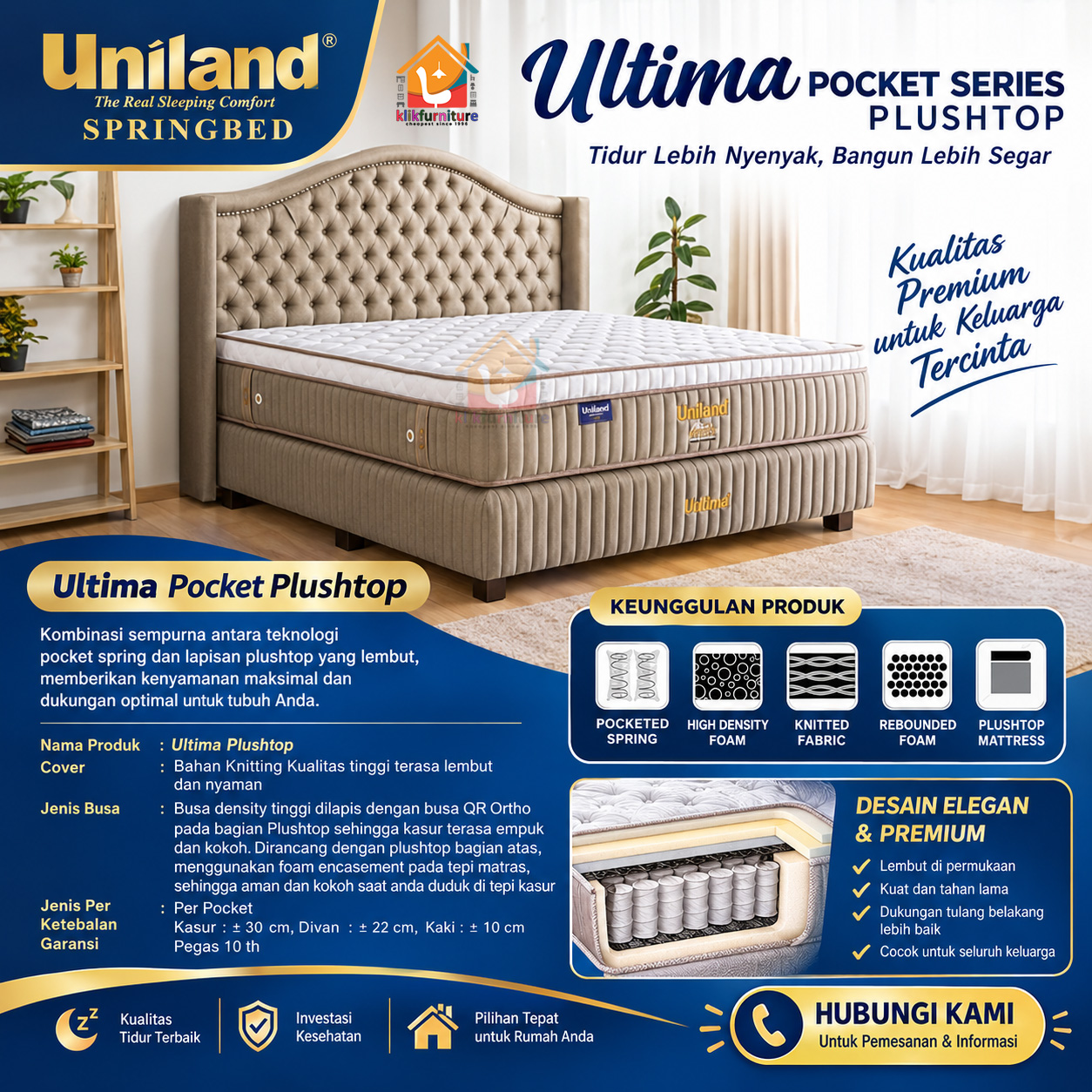KLIKFURNITURE Bed Set Ultima Pocket Plushtop VELOVE BEIGE Uniland Springbed