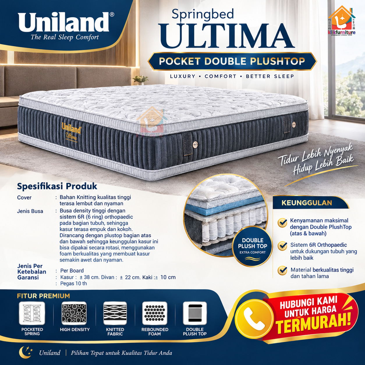 Kasur / Matras Ultima Pocket Double Plushtop Beige Uniland Springbed