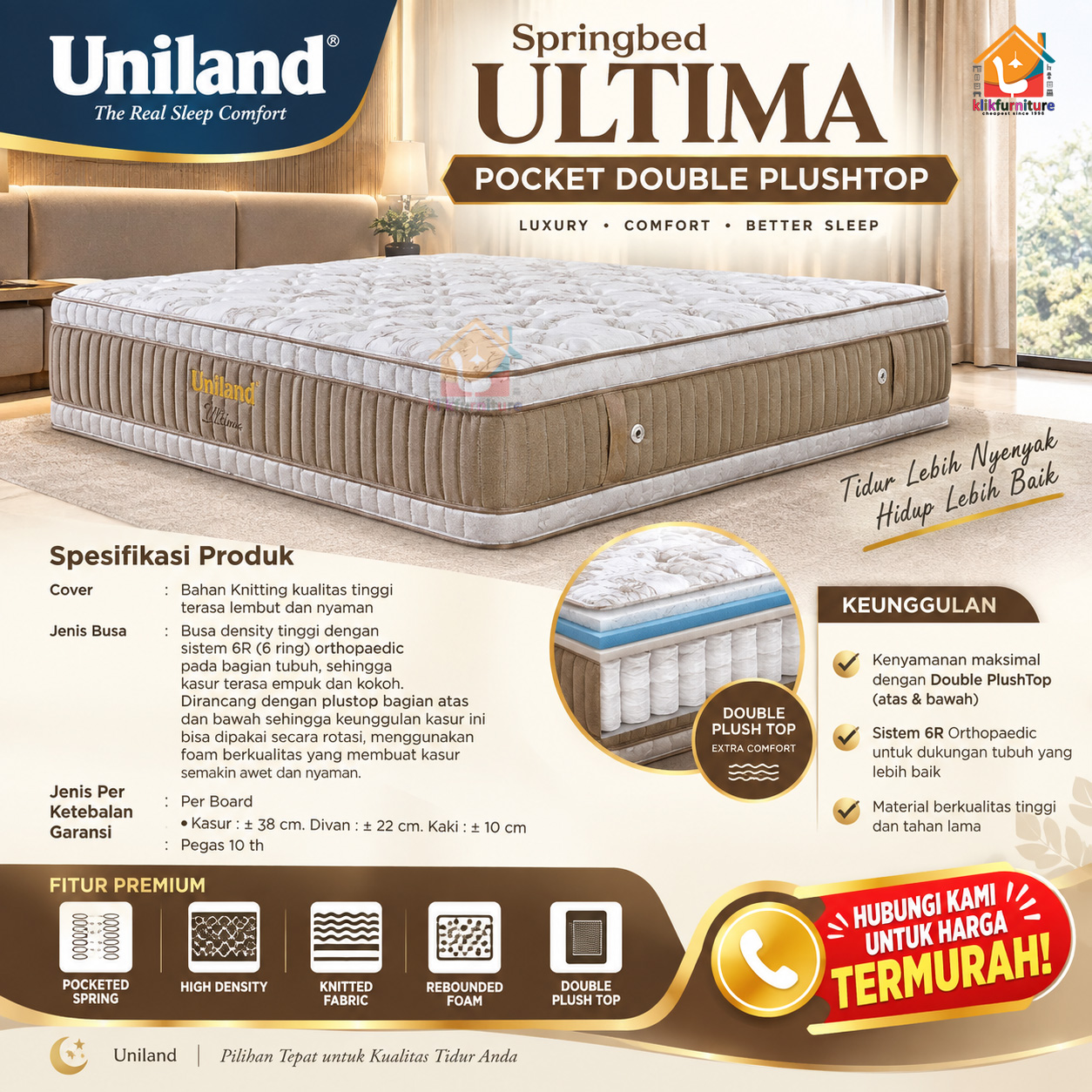 Kasur / Matras Ultima Pocket Double Plushtop Beige Uniland Springbed