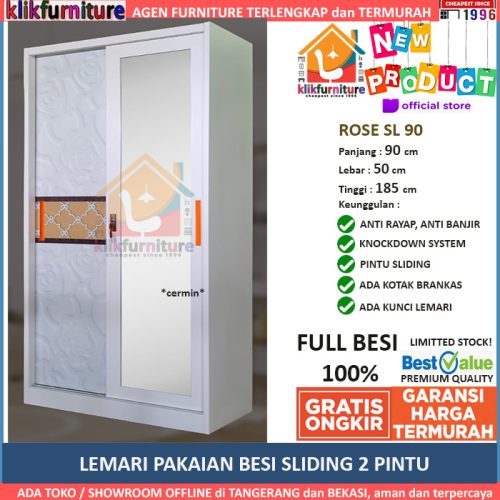 Lemari Pakaian Besi Pintu Sliding Cermin Anti Rayap Air Jamur ROSE 90