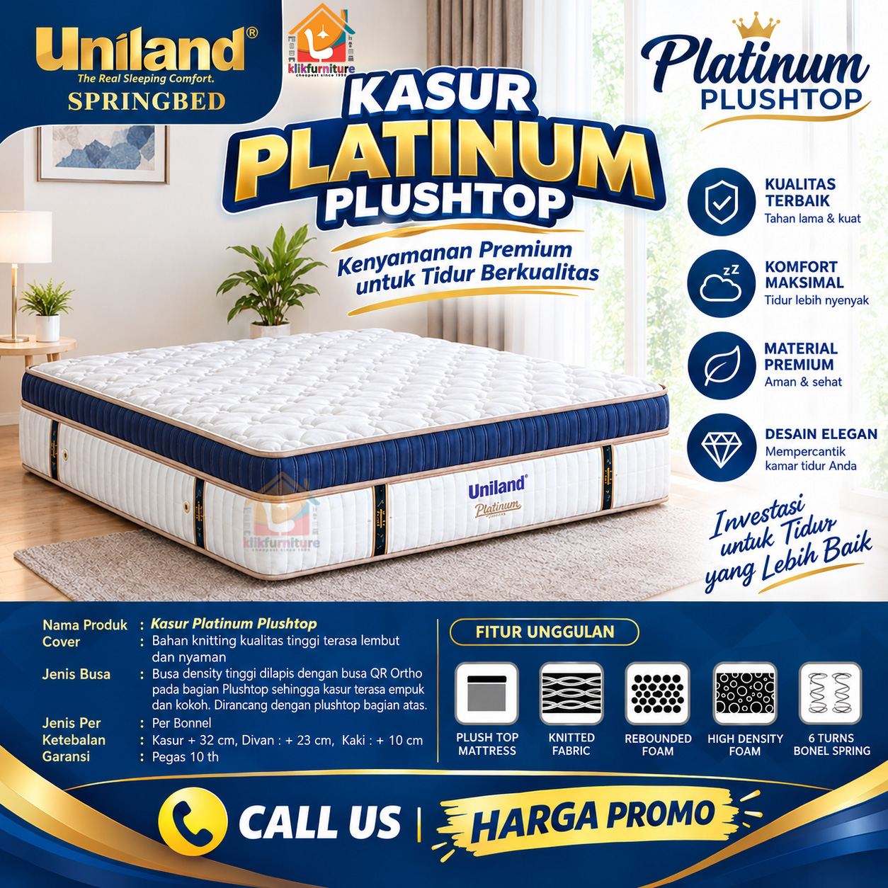 KLIKFURNITURE Platinum Plushtop Uniland Springbed - Rosegold - Kasur Saja