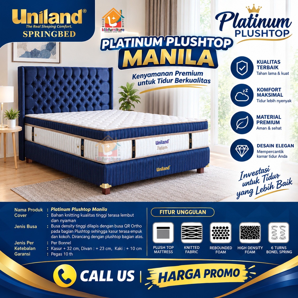 KLIKFURNITURE PLATINUM Plushtop Manila Uniland Springbed Megan Blue - SET LENGKAP