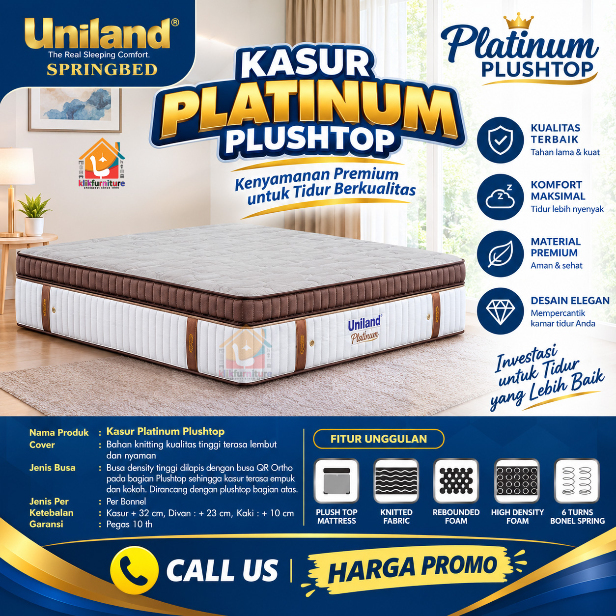 KLIKFURNITURE Platinum Plushtop Uniland Springbed - Rosegold - Kasur Saja