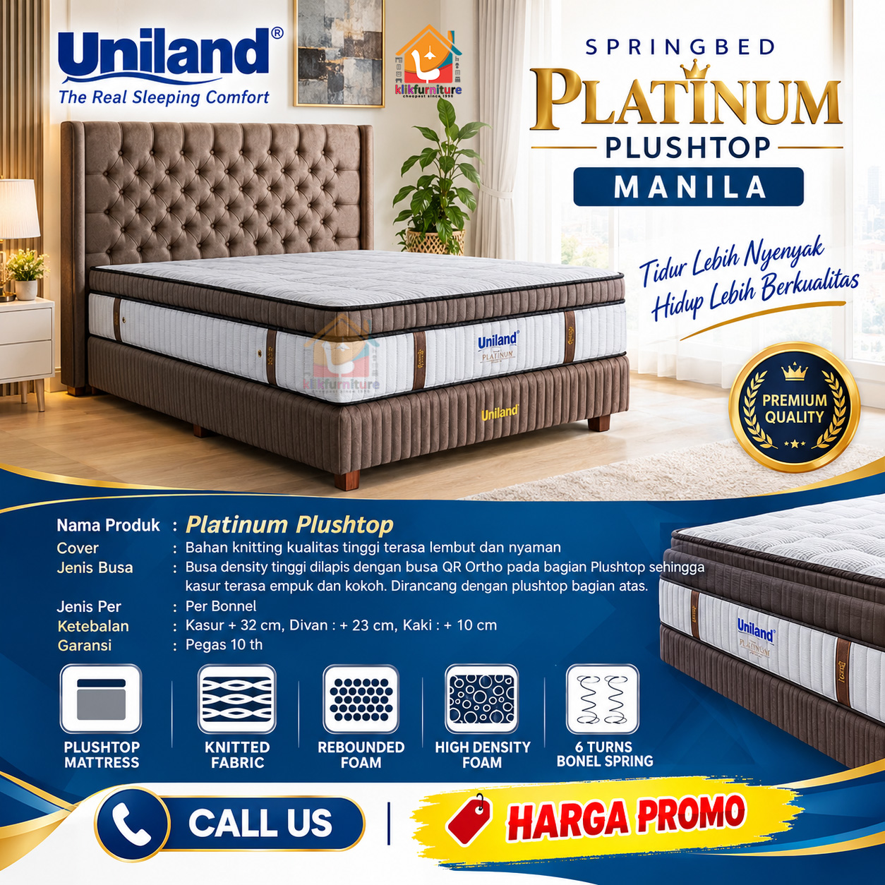 KLIKFURNITURE PLATINUM Plushtop Manila Uniland Springbed Rosegold - SET LENGKAP