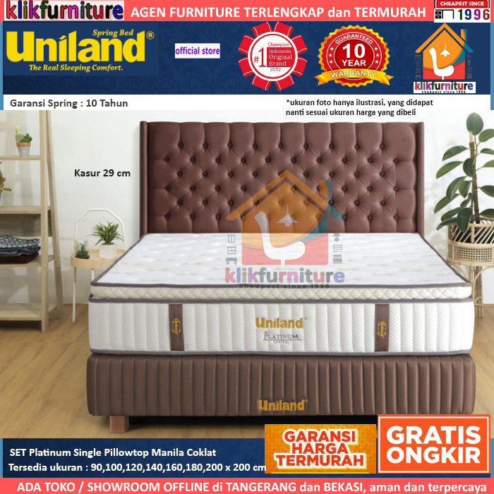 Bed Set Platinum Single Pillowtop Uniland Springbed - Manila Coklat