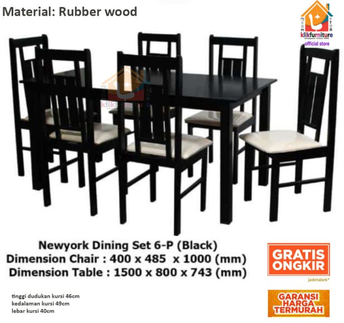 Set Meja Makan + 6 Kursi Kayu Rubberwood NEWYORK