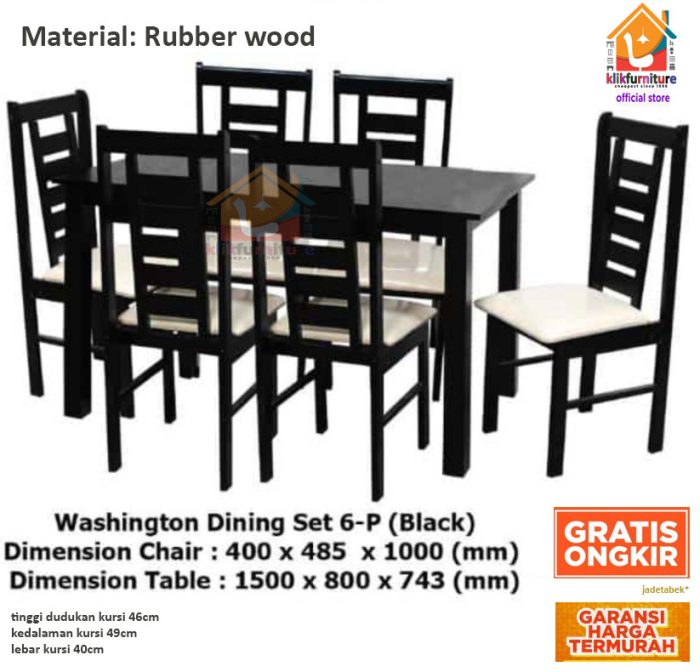 Set Meja Makan + 6 Kursi Kayu Rubberwood WASHINGTON