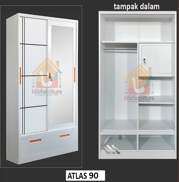 Lemari Pakaian Full Besi Pintu Sliding + 2 Laci + Brankas ATLAS 90 LC