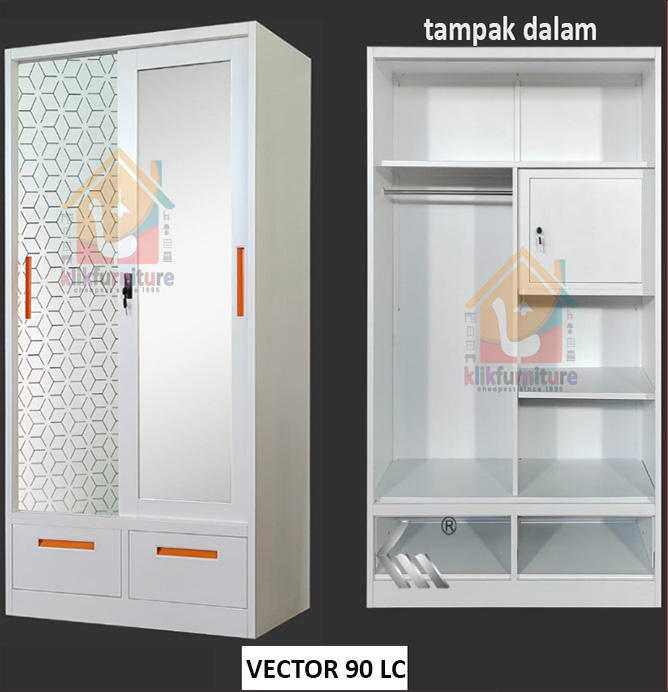 Lemari Pakaian Full Besi Pintu Sliding + 2 Laci + Brankas VECTOR 90 LC