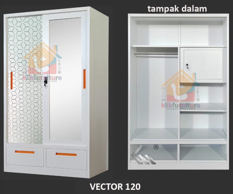 Lemari Pakaian Besi Sliding Cermin + 2 Laci + Brankas VECTOR 120 LC ...