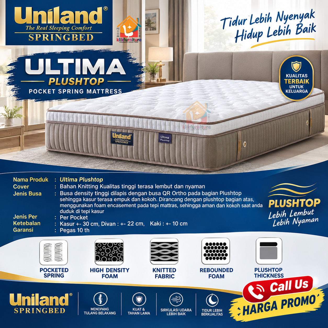 KLIKFURNITURE Ultima Pocket Plushtop Beige Uniland Springbed - Kasur SAJA