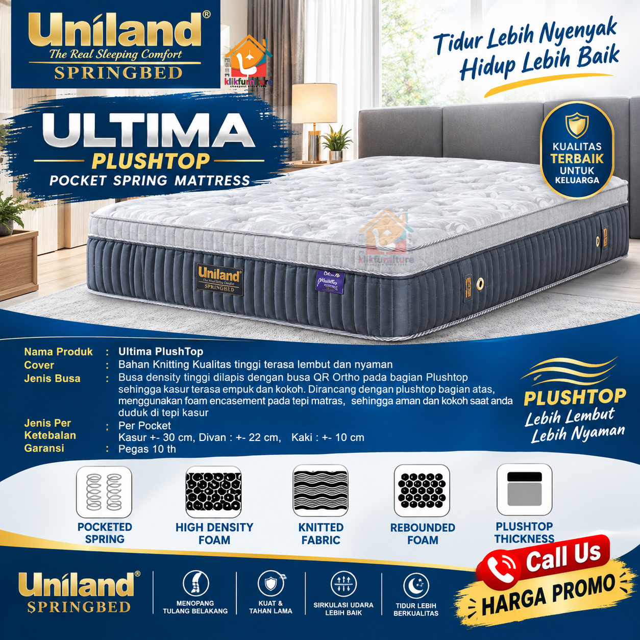 KLIKFURNITURE Ultima Pocket Plushtop Grey Uniland Springbed - Kasur Saja