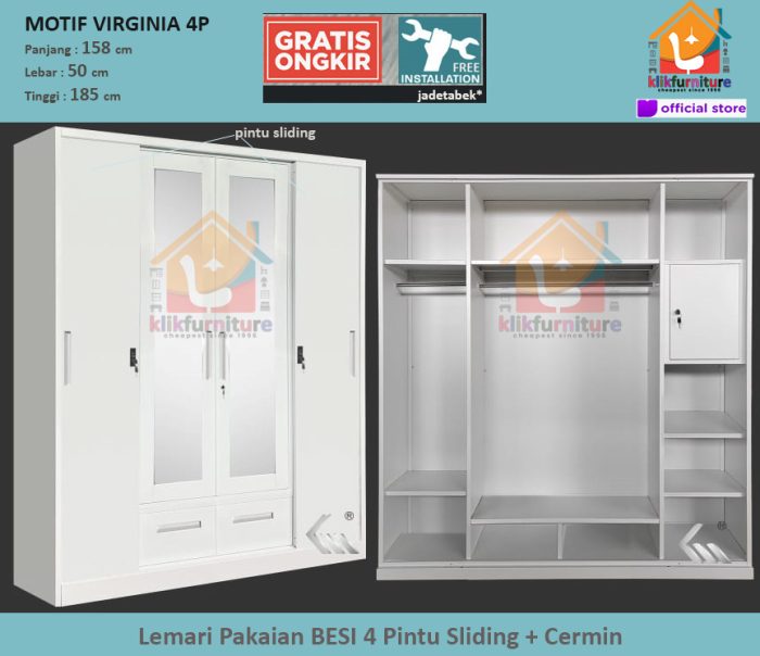 lemari pakaian besi 4 pintu sliding 2 laci cermin virginia