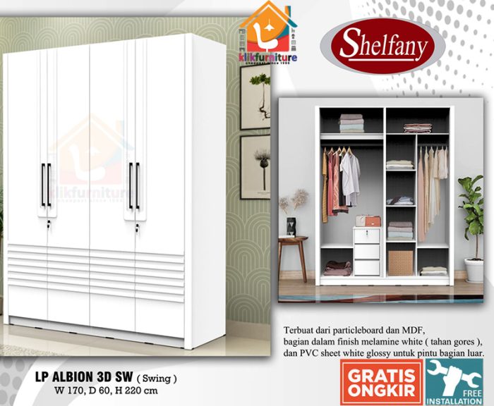 Size XL Lemari Pakaian Minimalis Putih 3 Pintu ALBION 3D