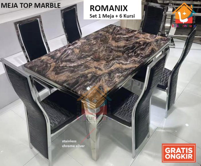 Set Meja Makan Marmer Marble 6 Kursi Import ASTERIX / OBELIX / ROMANIX