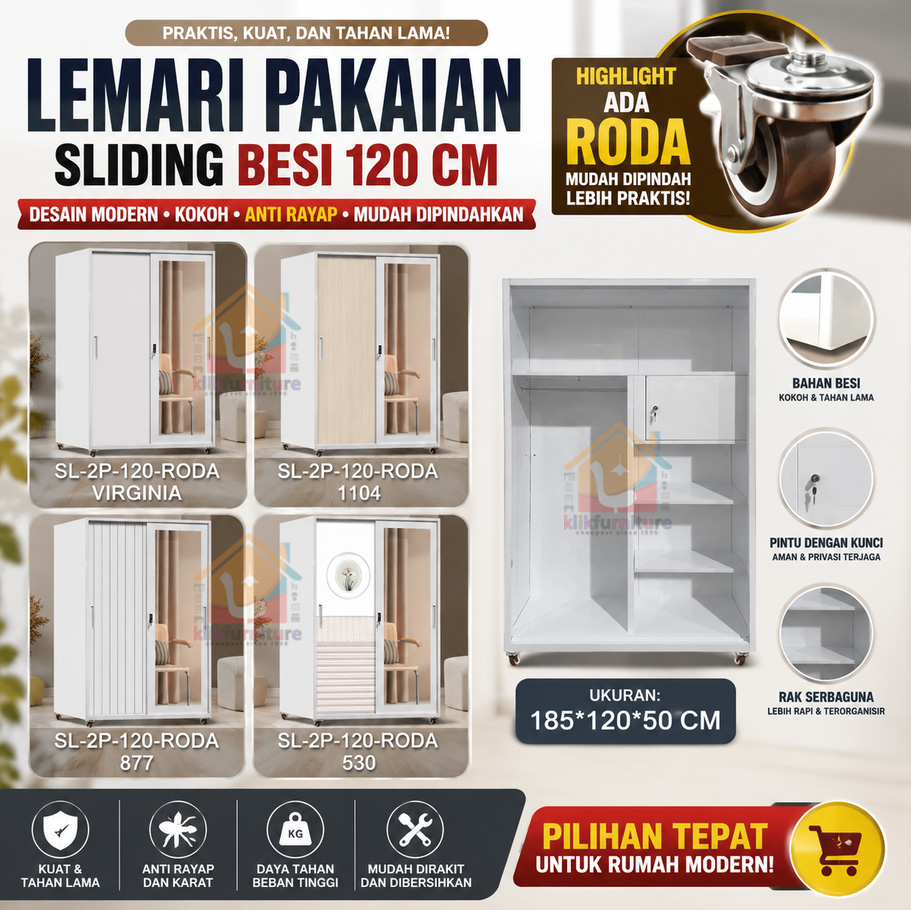 Lemari Pakaian Besi Sliding 2 Pintu + Cermin RODA