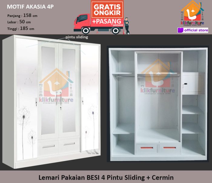 Lemari Pakaian Besi 4 Pintu Sliding Cermin AKASIA 4P + 2 Laci