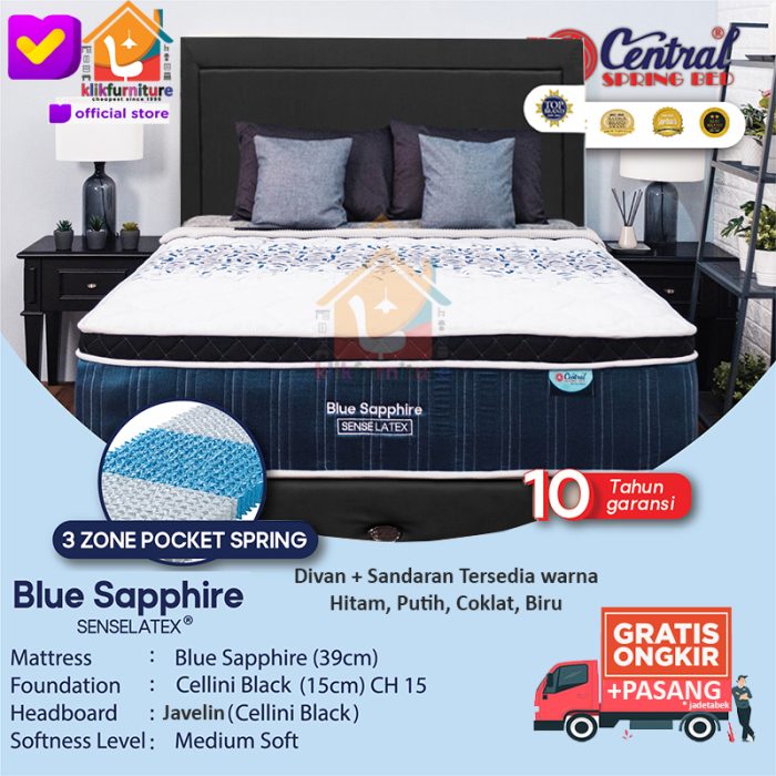 (1 Set) Blue Sapphire Pocket Senselatex Headboard Javelin Central Springbed