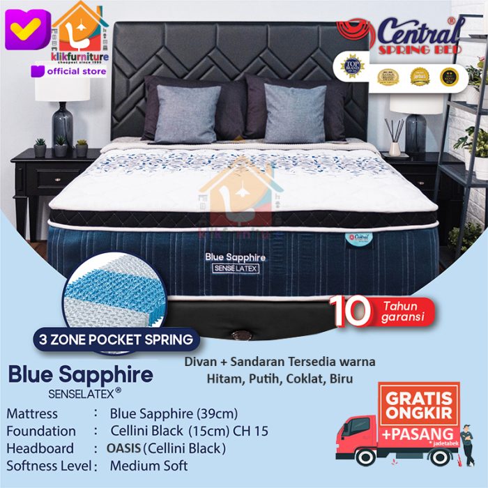 (1 Set) Blue Sapphire Pocket Senselatex Headboard Oasis Central Springbed