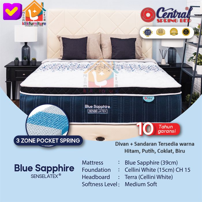 (1 Set) Blue Sapphire Pocket Senselatex Headboard Terra Central Springbed