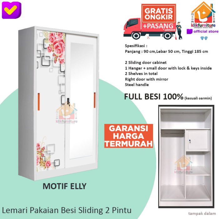 Lemari Pakaian Besi 2 Pintu SLIDING Anti Rayap Air ELLY 90