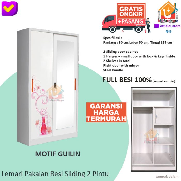 Lemari Pakaian Besi 2 Pintu SLIDING Anti Rayap Air GUILIN 90