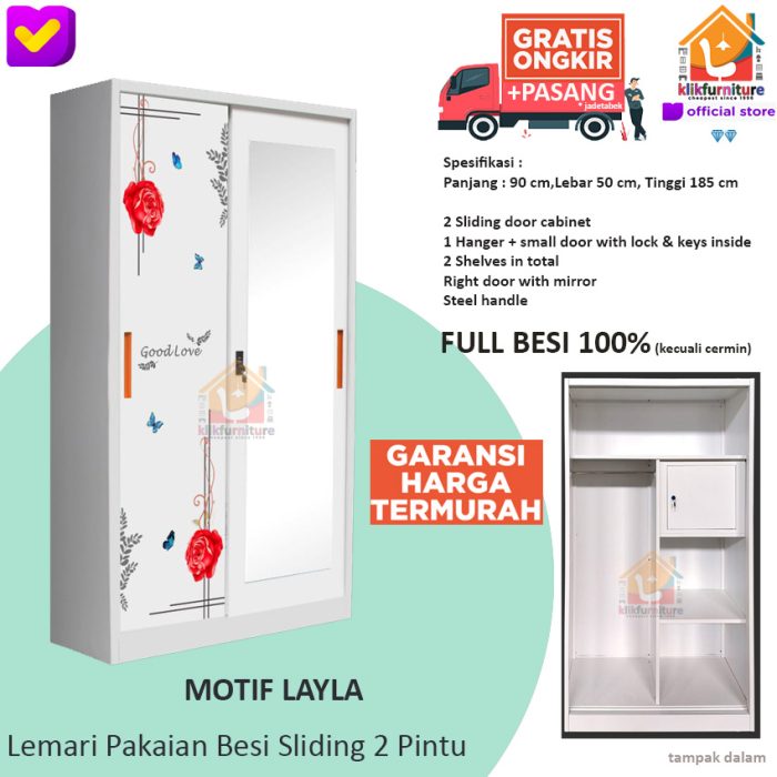 Lemari Pakaian Besi 2 Pintu SLIDING Anti Rayap Air LAYLA 90