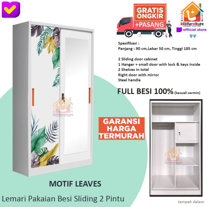 Lemari Pakaian Besi 2 Pintu SLIDING Anti Rayap Air LEAVES 90