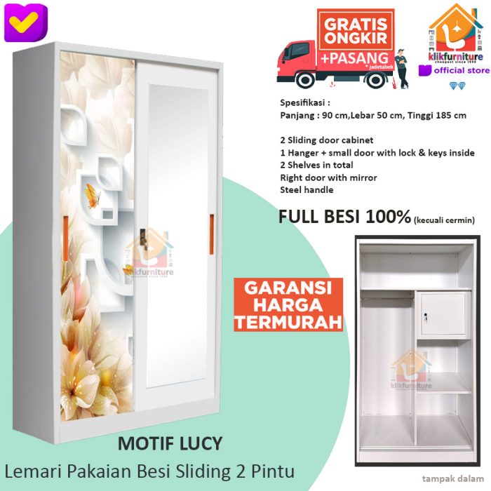 Lemari Pakaian Besi 2 Pintu SLIDING Anti Rayap Air LUCY 90