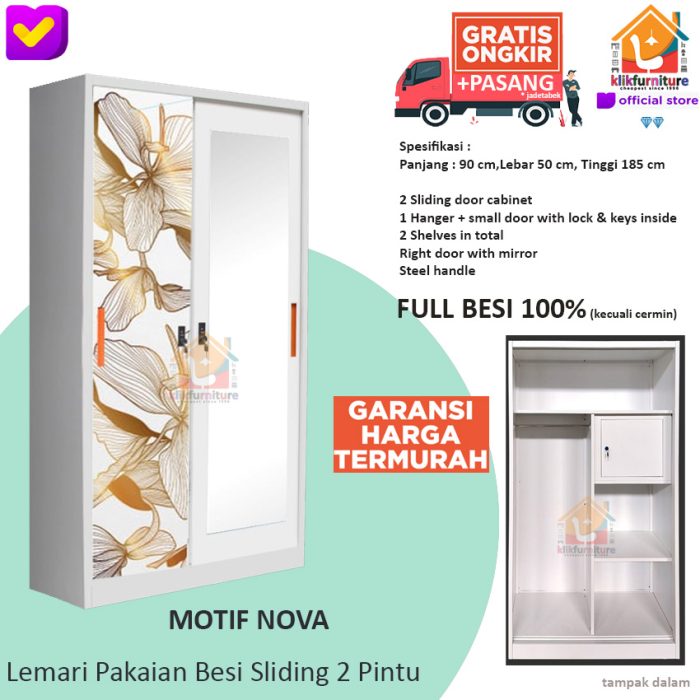 Lemari Pakaian Besi 2 Pintu SLIDING Anti Rayap Air NOVA 90