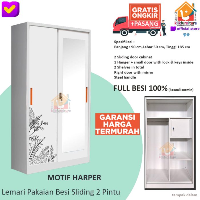 Lemari Pakaian Besi 2 Pintu SLIDING Anti Rayap Air HARPER 90