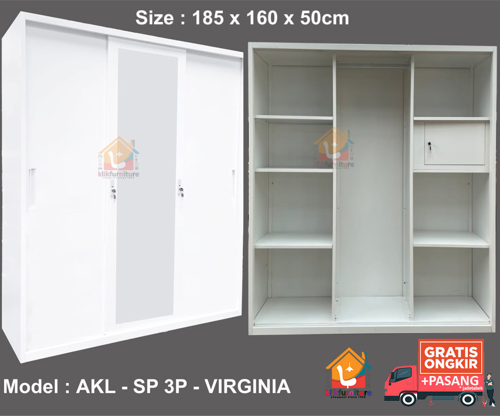 XTRA LARGE Lemari Pakaian Besi 3 Pintu Sliding VIRGINIA XL