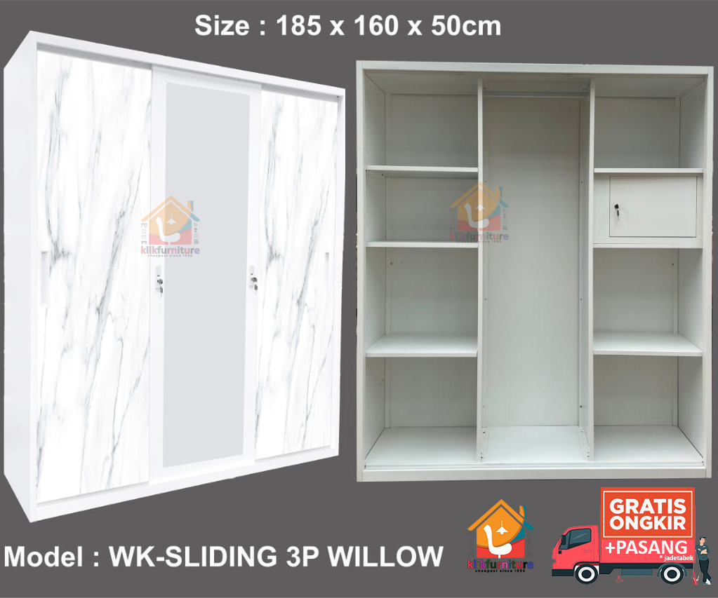 XTRA LARGE Lemari Pakaian Besi 3 Pintu Sliding WILLOW XL