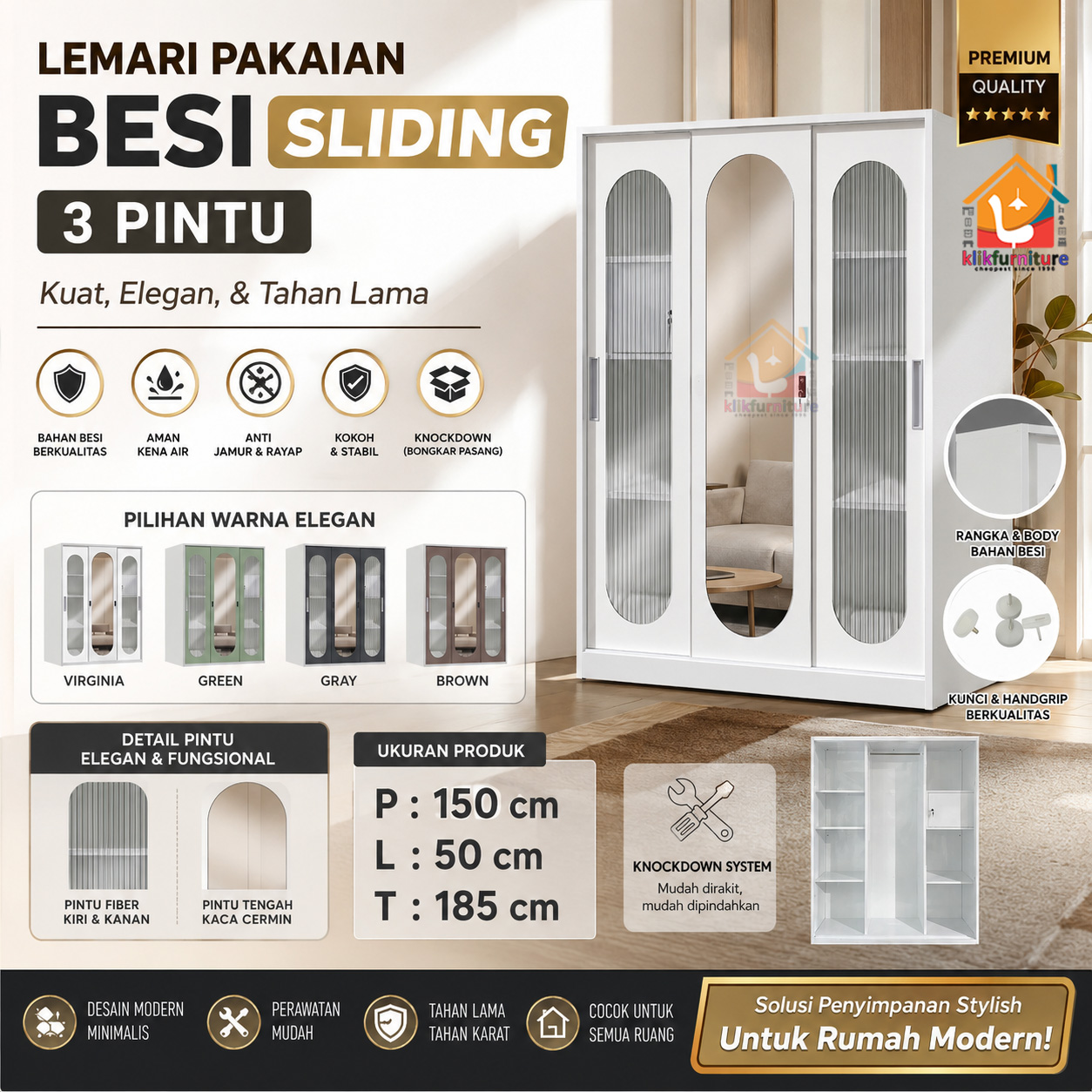 Lemari Pakaian Besi 3 Pintu Sliding Jumbo Cermin