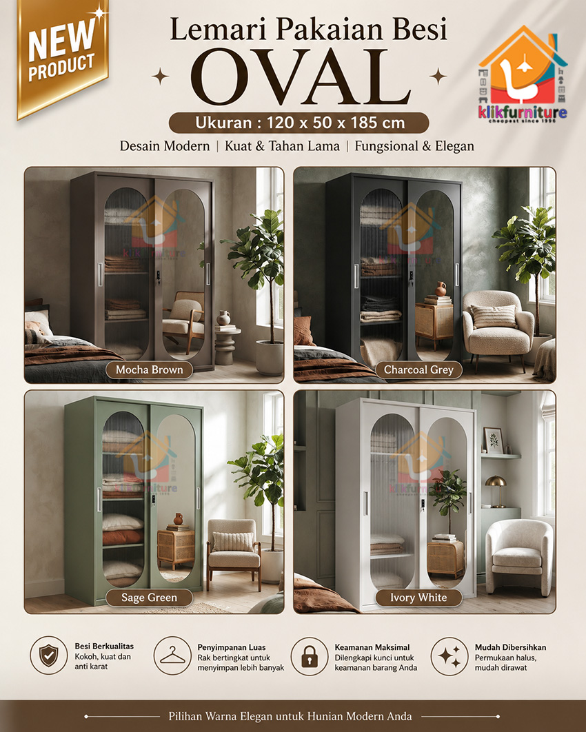 Lemari Pakaian Besi Sliding 2 Pintu + Cermin OVAL