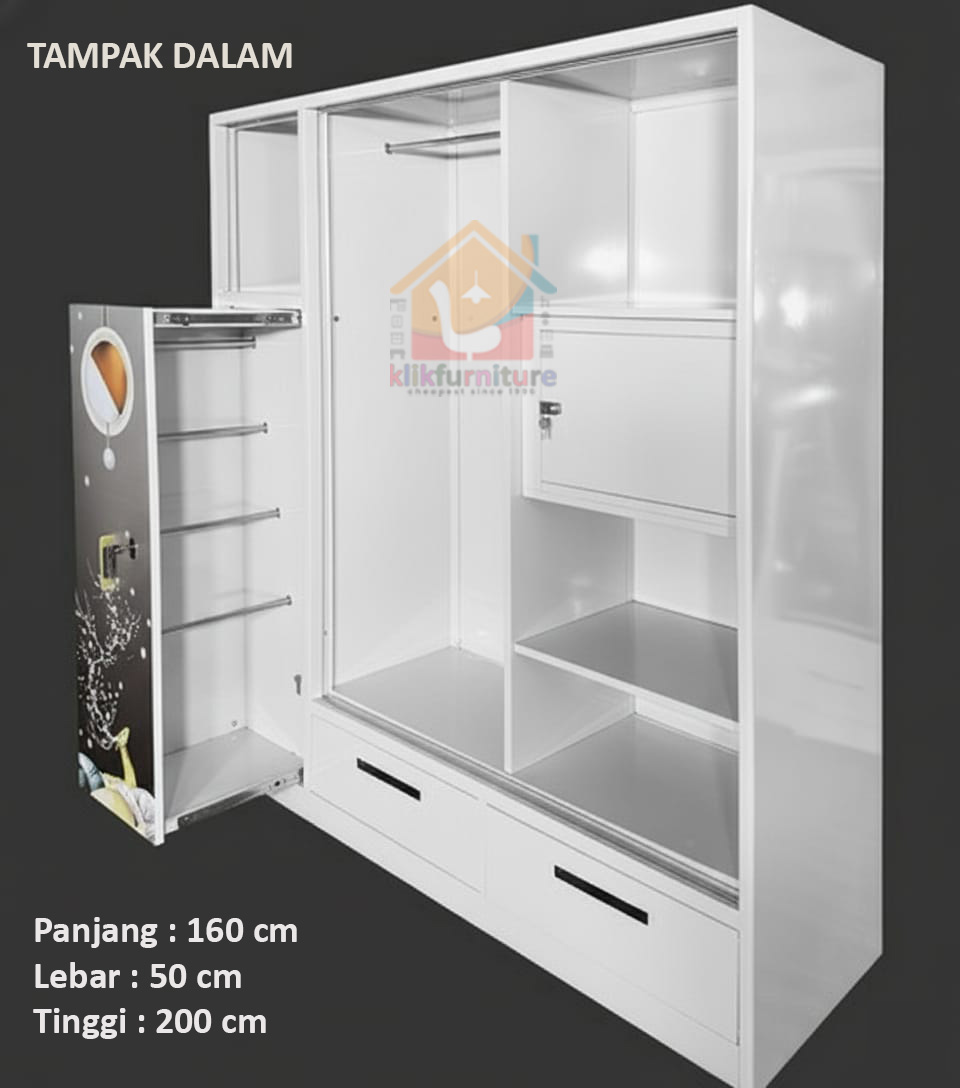 KLIKFURNITURE XTRA LARGE Lemari Pakaian Besi 3 Pintu Sliding Cermin Laci TSL 200