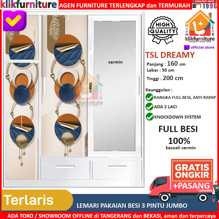 KLIKFURNITURE XTRA LARGE Lemari Pakaian Besi 3 Pintu Sliding Cermin Laci TSL 200 DREAMY
